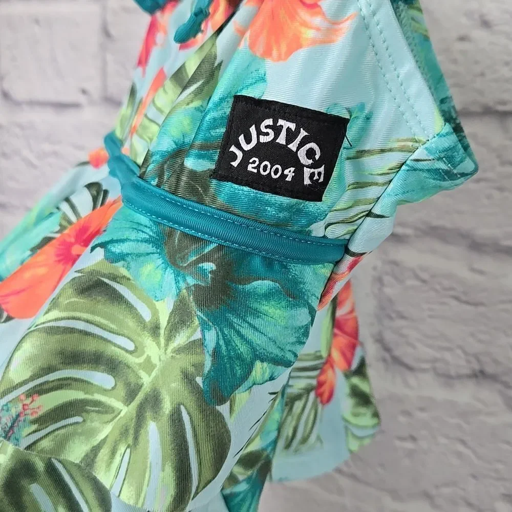 Tropical Hibiscus Tankini Girls M 10 Justice Ruffle 2pc Swimsuit Teal Floral